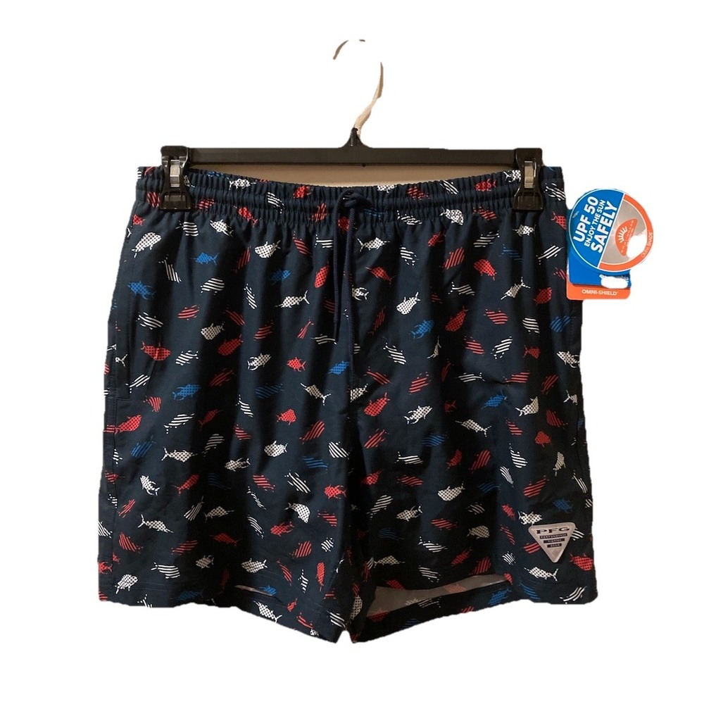 Columbia‎ PFG Mens Trunks Swim Shorts Red White Blue Patriotic Fish Sz M NWT